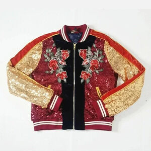 Dance & Marvel Women's Full Zip Retro Y2k DiscoGlitter Bomber Jacket Size  Small